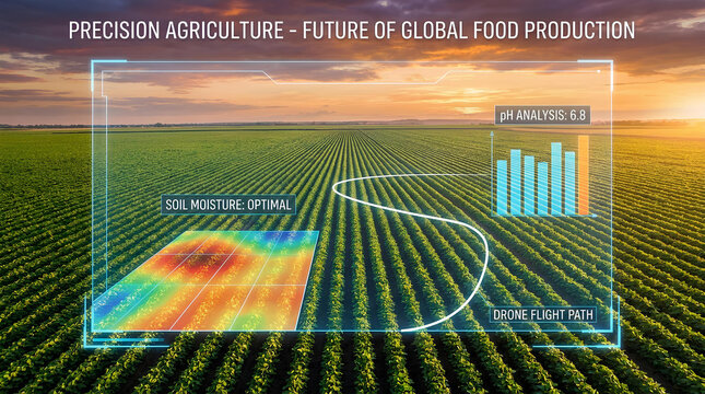 Precision agriculture drone flight path over green crop field.