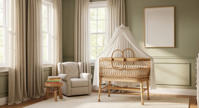 Sunlit nursery with a wicker bassinet, armchair, tall window, and vertical blank frame mockup