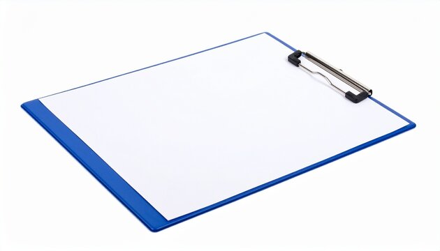Blue clipboard with blank white paper isolated on white background