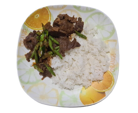 white jasmine rice and spicy stir-fried pork and green bean in white plate on white background top view