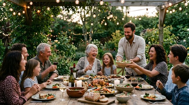 Multi generational family sharing healthy home cooked meal together at outdoor garden dining table under warm hanging string lights celebrating togetherness, joy, and connection