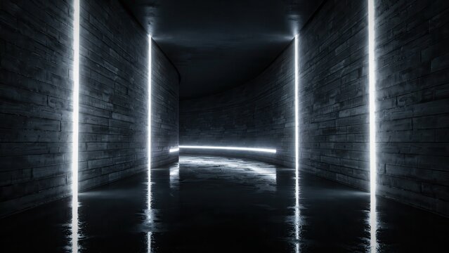 Dark futuristic underground tunnel with glowing neon white lights and reflections on wet floor