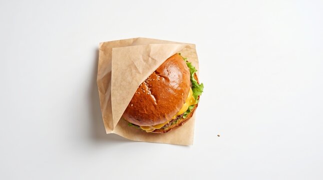 Delicious beef cheeseburger served inside brown paper wrap captured from a top view angle with soft lighting and bright tones