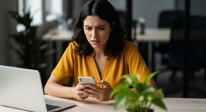 Distressed woman staring at her mobile phone with a shocked expression while sitting at her workplace