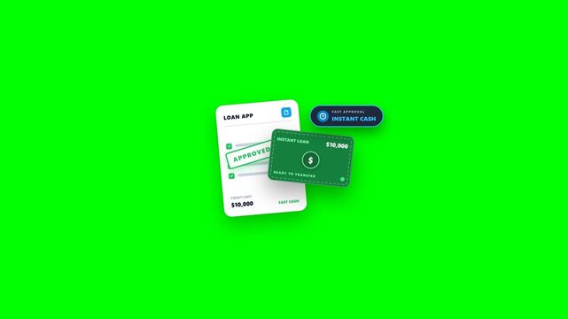 Instant Loan and Fast Credit Approval Animation with Approved Form, Banknote Cash Stack, and Stopwatch Badge on Green Screen