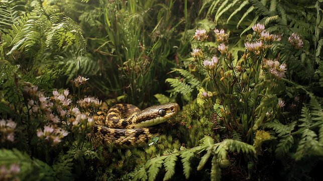 A python snake camouflaged in lush green jungle foliage with small pink flowers representing wildlife and natures hidden beauty