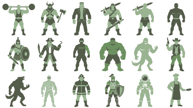 Vintage action figure silhouettes, 18 retro toy character icons, green plastic soldier style warrior and hero vectors isolated on White Background Halloween_silhouette