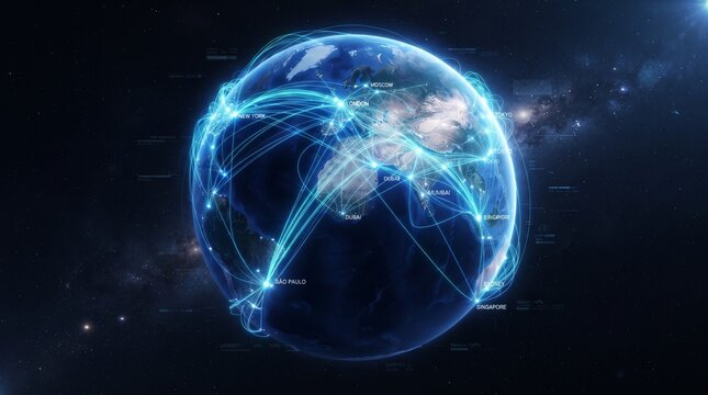 Global digital network connections over planet earth in deep space with internet