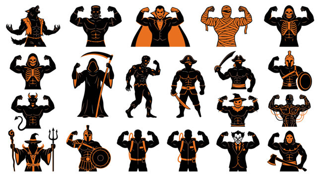 Halloween monster bodybuilders vector set, spooky fitness character icons, muscular horror creature mascots, 18 gym monsters isolated on White Background Halloween_silhouette