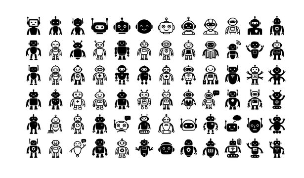Create a professional industrial robot vector icon bundle featuring 80 unique robotic automation icons arranged in neat rows on a solid pure white background. Include robotic arms, manufacturing robot