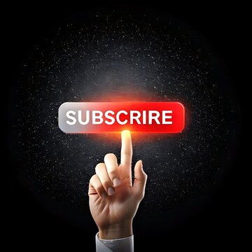 Hand pressing a subscribe button with a glowing effect.