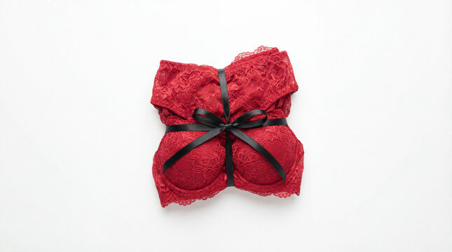 Red lace lingerie set wrapped with black ribbon on clean white background presenting romantic gift idea elegant intimate apparel celebration luxury fashion retail concept merchandising