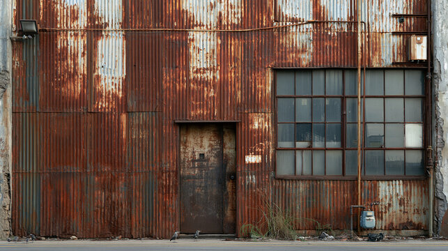 Industrial facade with weathered corrugated rusted metal siding and windows. Urban decay concept for gritty backdrop.