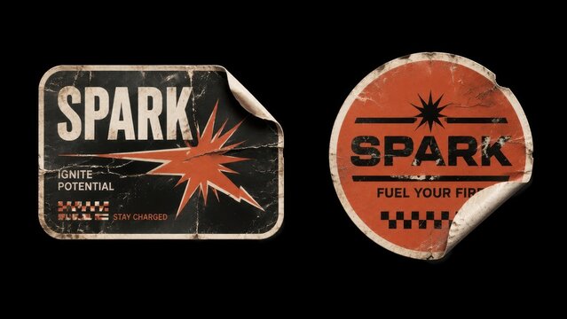 Two worn retro spark stickers isolated on black background