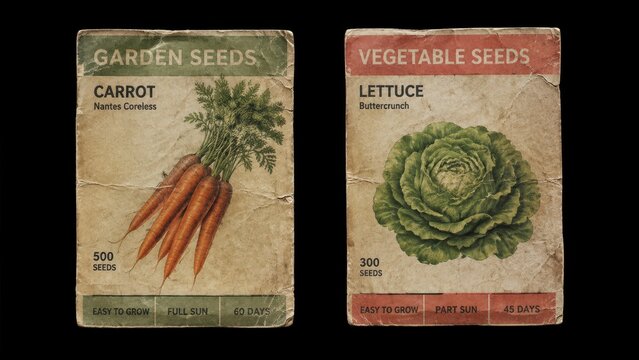 Two vintage vegetable seed packets with carrot and lettuce