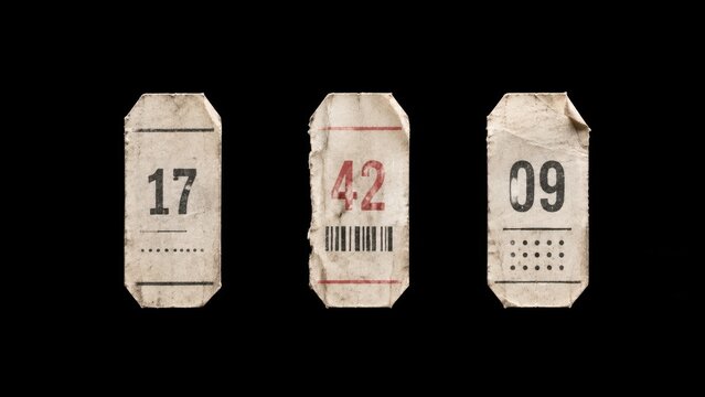 Three worn vintage numbered paper tickets on black background