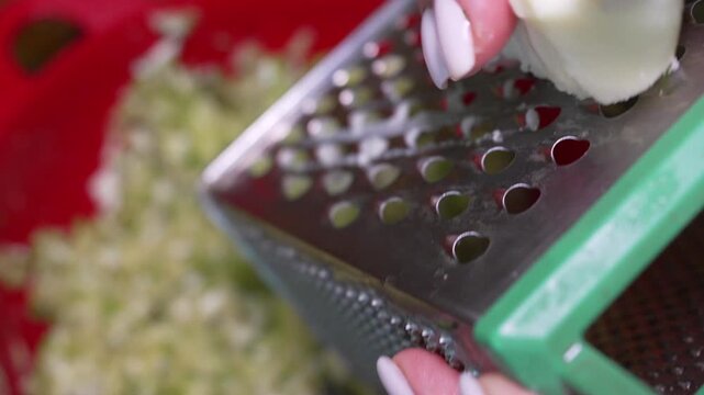 Fresh garlic grating culinary preparation, macro detail showing woman hands using metallic handheld grater over a bowl. Static close up shot.