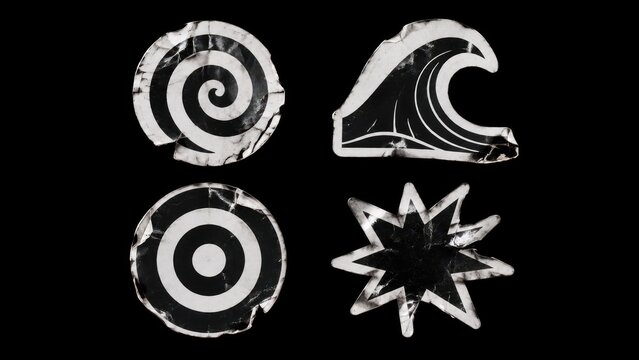 Worn black and white geometric symbols isolated on black