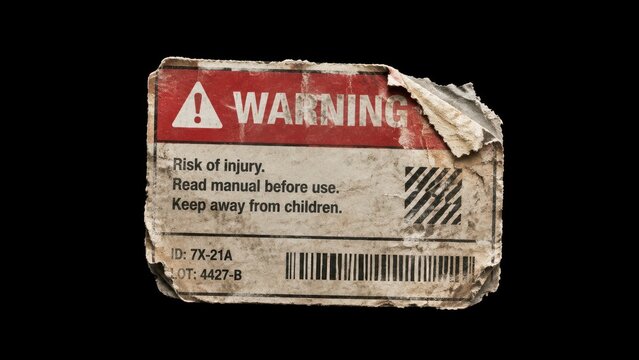 Torn worn warning label with barcode isolated on black