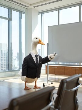 Funny Duck in Business Suit Giving a Presentation in Modern Office