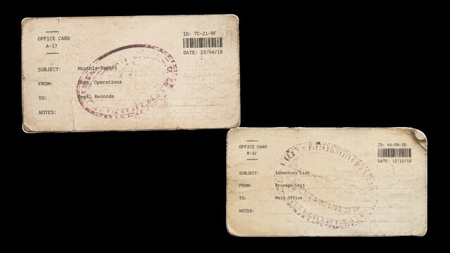 Two aged office cards with stamps isolated on black background