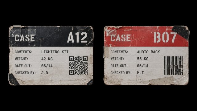 Worn equipment case labels with barcode and QR code on black