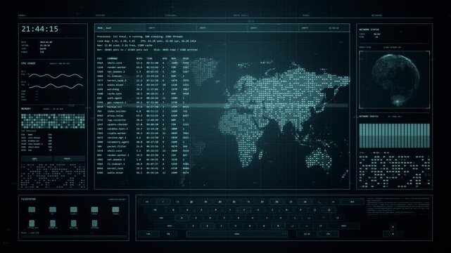 Futuristic HUD World Map Interface with Digital Data Screen