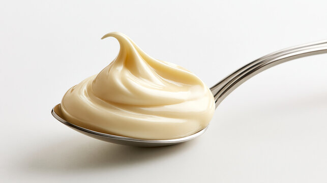 Creamy mayonnaise dollop on a silver spoon isolated on white background. Perfect for food industry or restaurant menus.