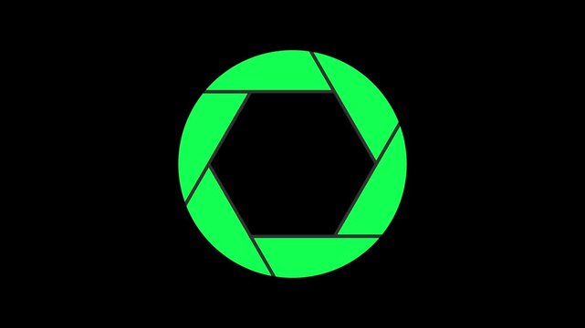 Bright green camera shutter iris icon on a solid black background