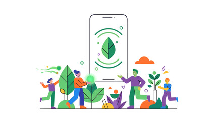 Naklejka premium Illustrated Eco Friendly Mobile App Concept with Diverse Team Celebrating Sustainability