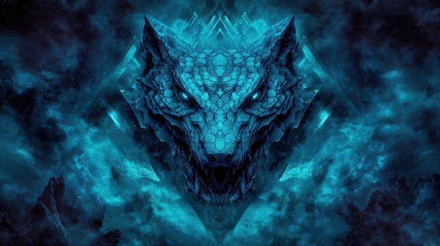 A striking image of a blue dragon-like wolf head, surrounded by mystical clouds and geometric patterns, perfect for fantasy artwork, gaming designs, or themed projects,