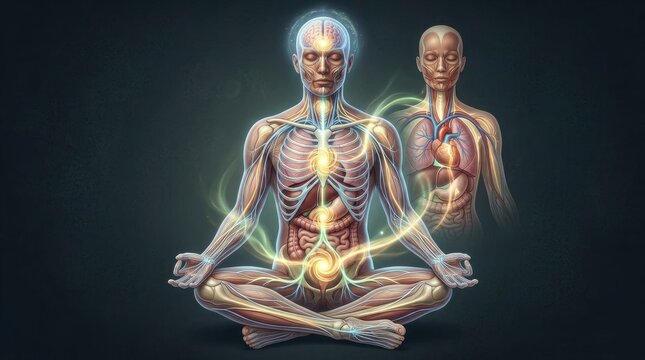 Human Body Anatomy in Meditation Pose with Glowing Energy Centers and Internal Systems