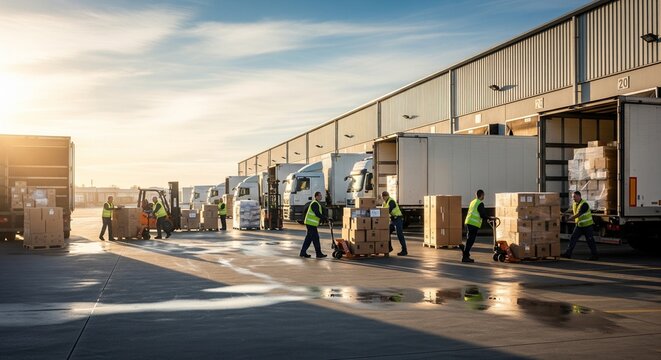 Cargo trucks and workers at warehouse loading bay during sunset