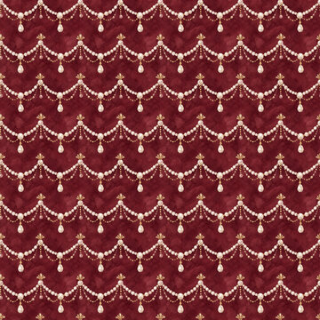 Burgundy velvet pearl swag seamless luxury pattern