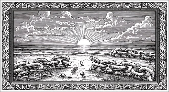 Broken Chains on Sandy Beach with Dramatic Sunset Rays in Vintage Engraving Style