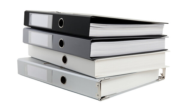 Stack of four ring binders black grey white, and silver