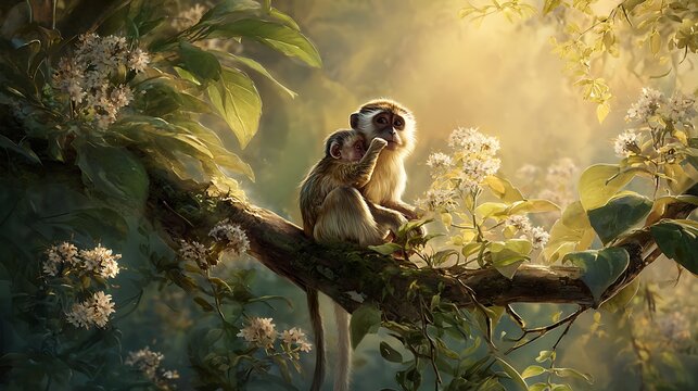 Two vervet monkeys cuddling on a tree branch in a lush sun-dappled forest symbolizing family and natures beauty