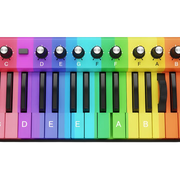 Colorful rainbow keyboard with illuminated keys isolated on transparent background