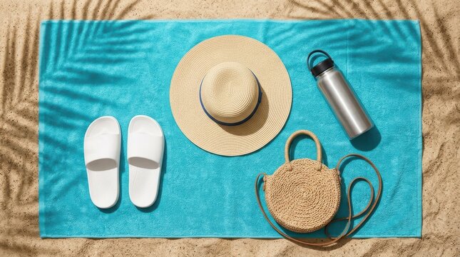 Flat Lay Beach Accessories Featuring Straw Hat Woven Bag White Slides And Metal Water Bottle On Turquoise Towel Resting Over Sandy Shoreline Outdoors