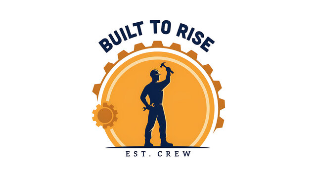 Vintage Construction Logo Template. Blue and Orange Vector Emblem. Worker Silhouette. Gears and Hammer Icon. Built to Rise. Est Crew Construction Badge
