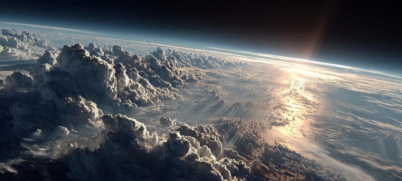 Breathtaking View of Earth from Space with Clouds and Sunrise.