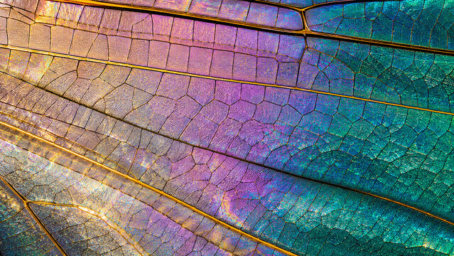 Dragonfly wing ultra macro iridescent membrane full frame seamless texture vein network crystal violet teal gold structural colour science abstract