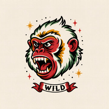 Angry monkey face with bold red and green coloring
