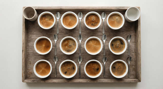 Overhead view of a professional coffee cupping setup with specialty coffee tasting cups and cupping spoons on a rustic wooden tray for sensory evaluation and quality testing.