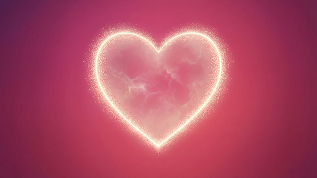 Glowing pink heart neon light ring floating softly on warm red gradient background canvas.