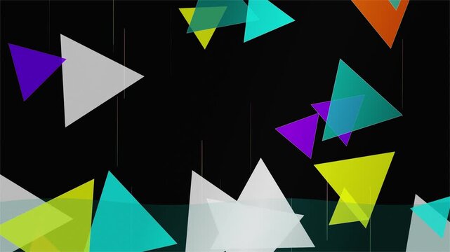 Abstract geometric background featuring vibrant overlapping colorful triangles in purple yellow teal and white floating on a dark black backdrop for modern design