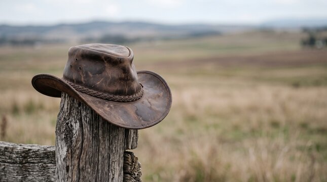Brown cowboy hat resting on a wooden fence at sunset