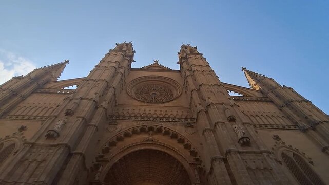 Palma Cathedral Landmark low angle view. Palma gothic cathedral La Seu front gate facade video 