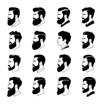 Bearded Man Styles: A collection of diverse beard styles showcased on stylized male profiles, highlighting various facial hair trends and grooming options.