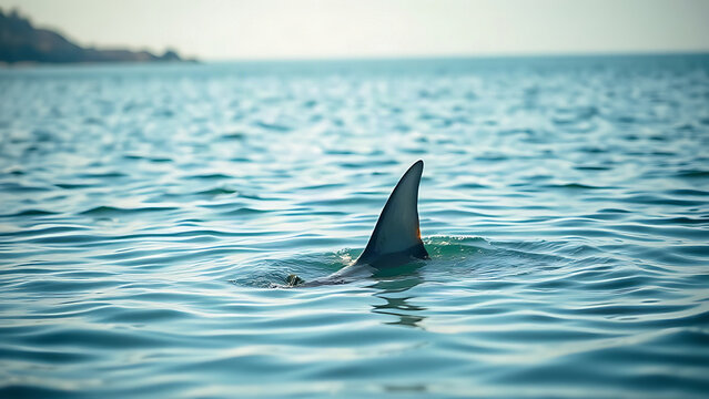 Single shark fin in calm bay water with coastline in background, ocean wildlife concept.